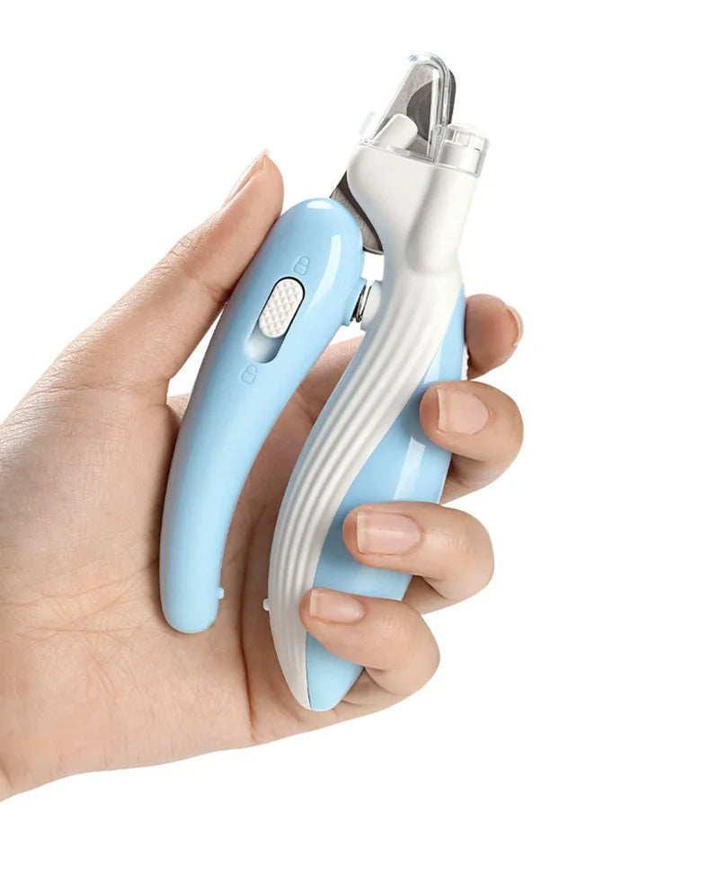 Light blue pet LED nail grinder with clear safety guard and white arm