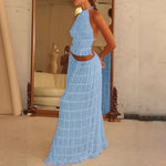 Light blue halter crop top and tiered pleated maxi skirt set, open back