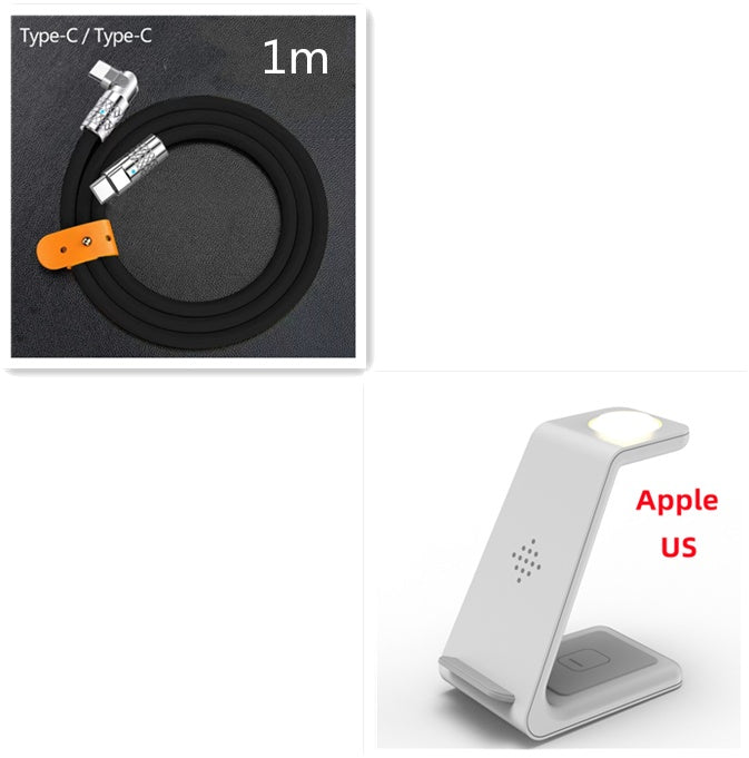 Wireless charging stand with white phone dock and black 1m cable with Type-C end.