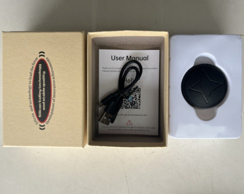Mini GPS tracker with strong magnet boxed set, user manual card and black circular device