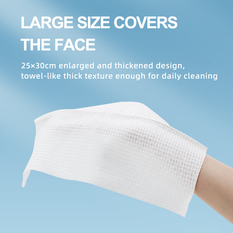 Disposable face towel sheet, white, waffle-textured, held on a hand
