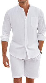 Men's white long-sleeve button shirt and matching shorts two-piece set
