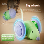 Green automatic cat teaser mouse toy with large purple wheels and glowing hub detail