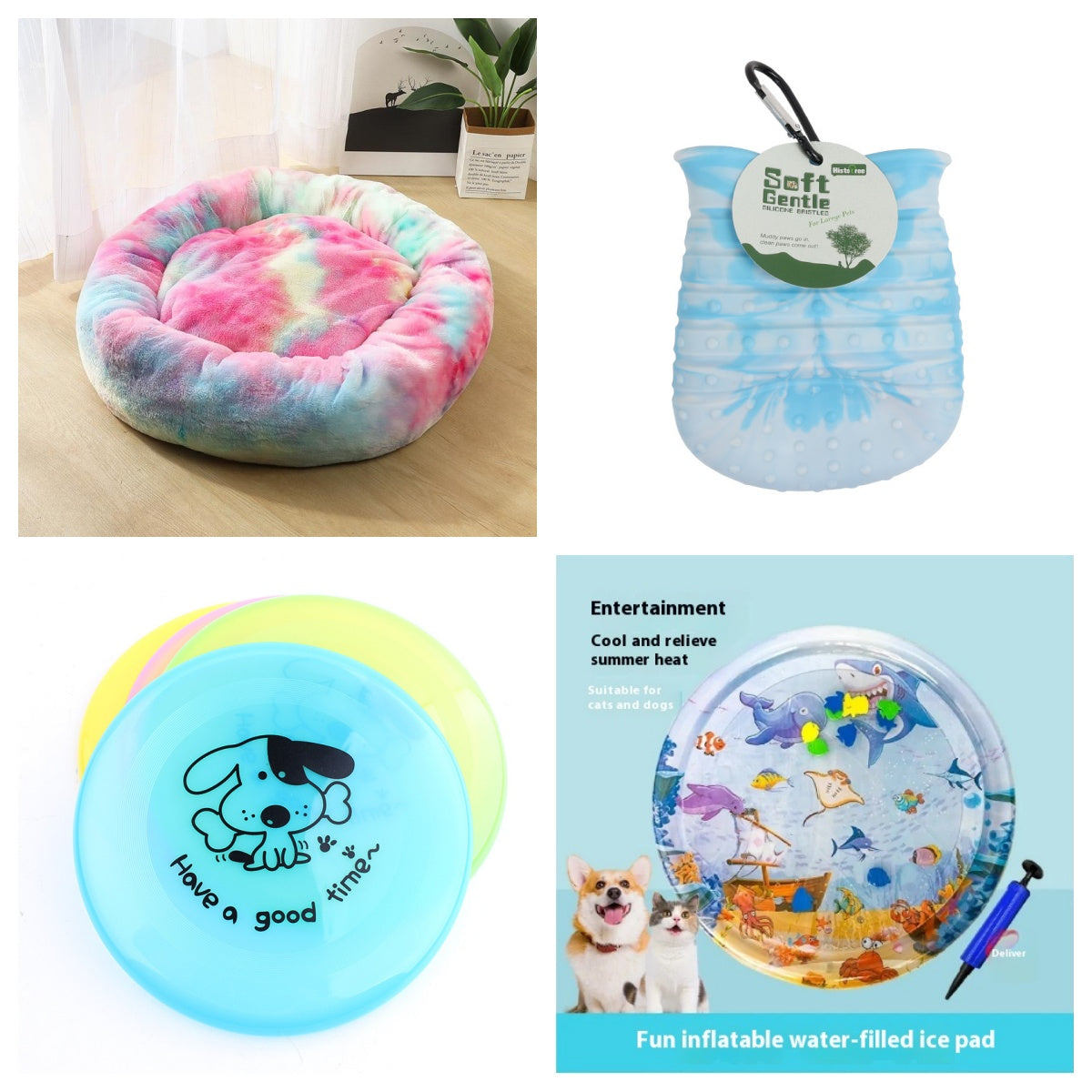 Silicone dog flying disc, blue round disc with dog graphic and 'Have a good time' text