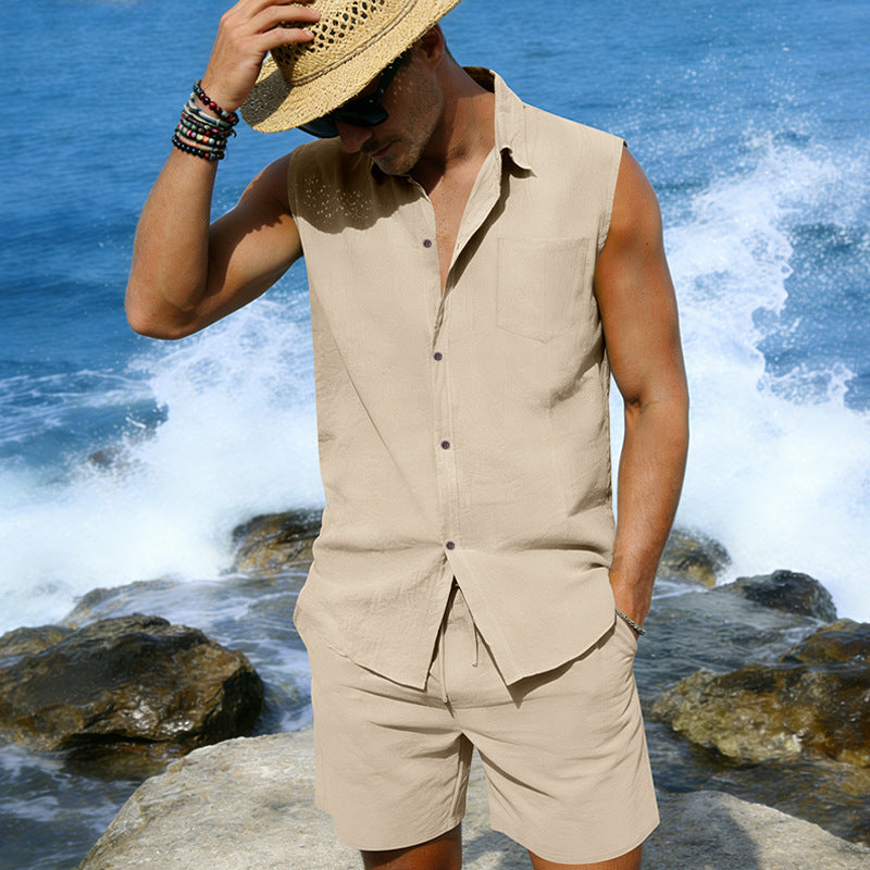 Linen sleeveless shirt & shorts set in beige khaki, button front, chest pocket