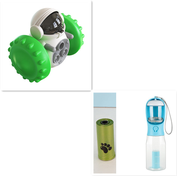 Interactive treat dispenser toy with green spiky ball and dark window top, white housing