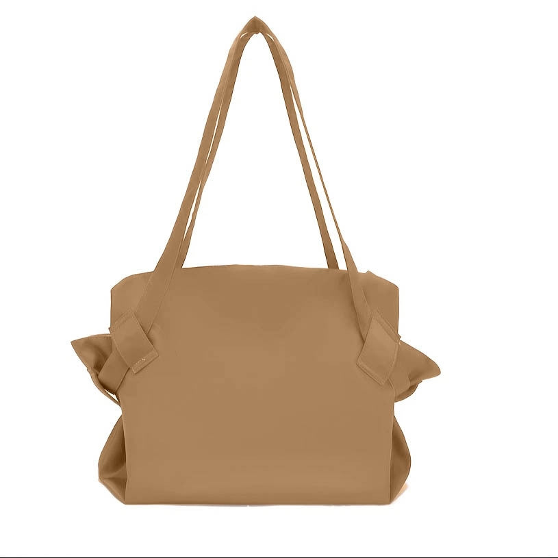 Khaki Oxford cloth shoulder messenger bag with wide handles and gathered sides