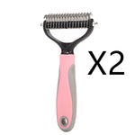 Double-sided pet brush grooming comb with pink handle and stainless steel pins