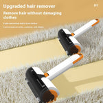 Pet hair removal roller gliding over shaggy fabric with white handle and orange ends