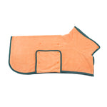 Orange pet drying coat with teal trim and hook-and-loop closure panel