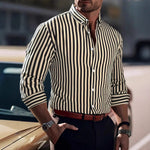 Men's striped button-up shirt with spread collar, long sleeves, vertical black-and-cream stripes