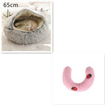 65cm gray round plush pet bed nest with pink strawberry U-shaped bolster cushion
