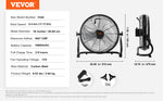 VEVOR cordless floor fan product diagram with front view and side view on white background.