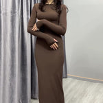 Long-sleeve bodycon maxi dress, solid brown, crew neck, smooth fitted fabric