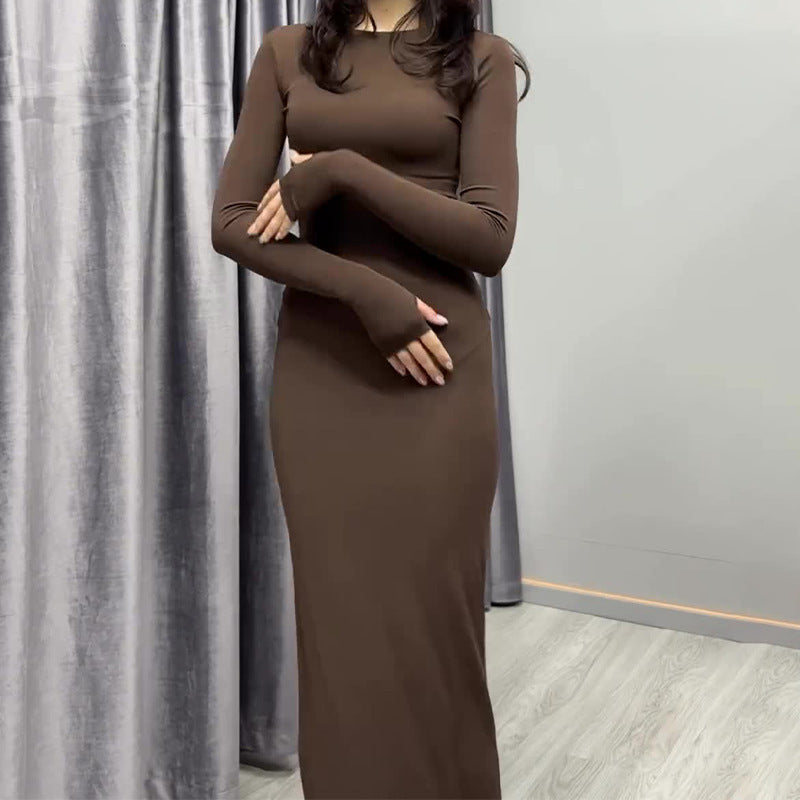 Long-sleeve bodycon maxi dress, solid brown, crew neck, smooth fitted fabric