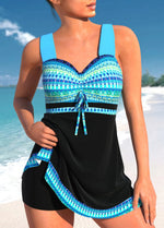 Plus size quick-dry split skirt bikini swimsuit, bright blue patterned top with black split skirt
