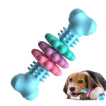 Dog bone chew toy with raised nubs in blue and pink on a pet