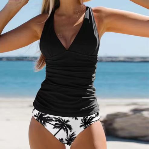 Black halter ruched bikini top with palm-print bikini bottoms in black and white