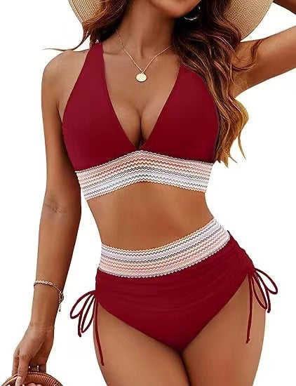 Women's high-waist bikini split set in burgundy with striped band and side-tie bottoms