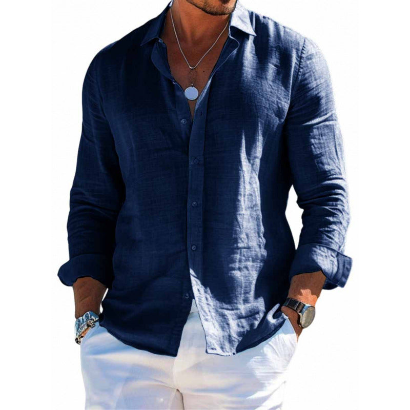 Button-front lapel shirt in dark blue, long sleeves with cuff buttons