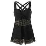 Black lace one-piece swimsuit with crisscross straps, padded cups, and flared lace skirt hem