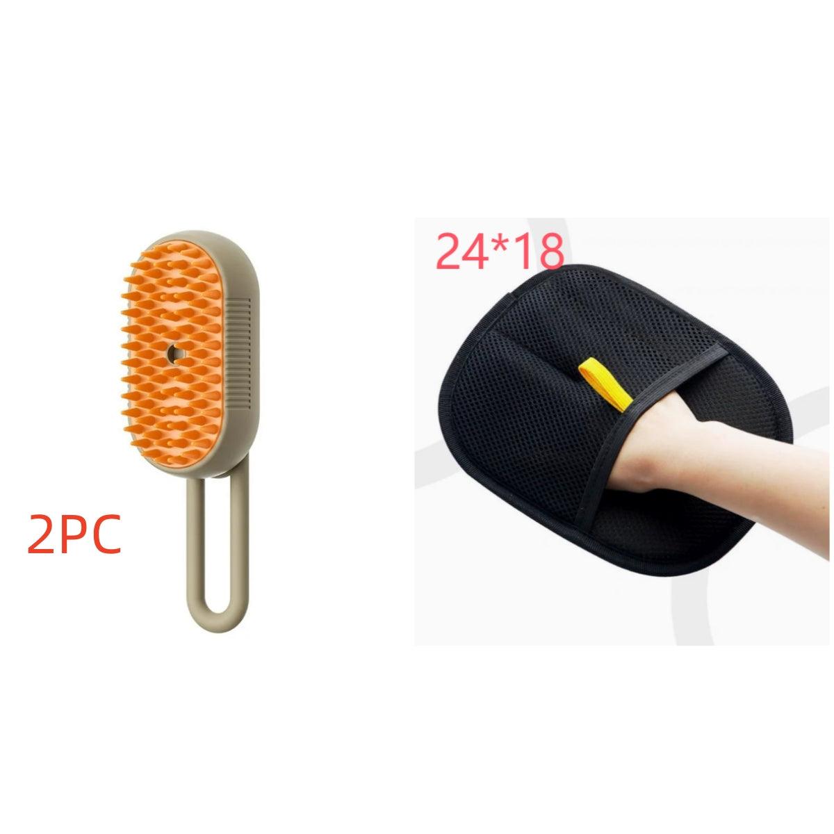 Electric steam pet brush with orange silicone bristles and light beige handle