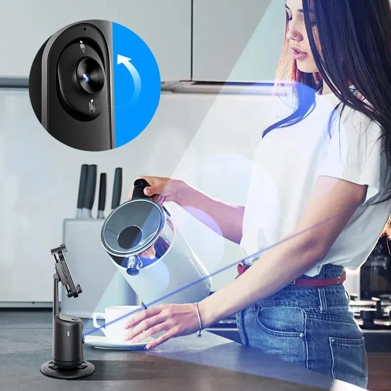 Auto tracking smartphone gimbal with phone mount and face-tracking motion arrows