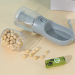 3-in-1 portable pet cup, light blue bottle with nozzle and green waste bag roll