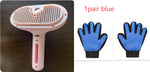 White and pink pet grooming brush with blue silicone glove pair