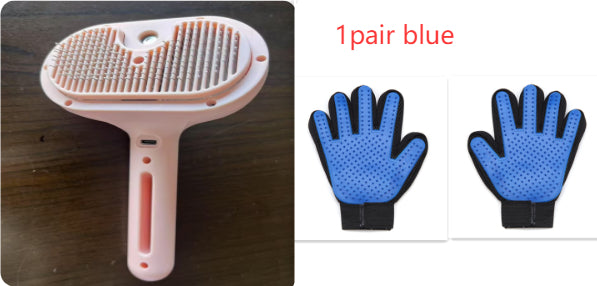 White and pink pet grooming brush with blue silicone glove pair