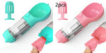 Portable pet water bottle feeder with teal and pink bowls, clear bottle, includes pink waste bag