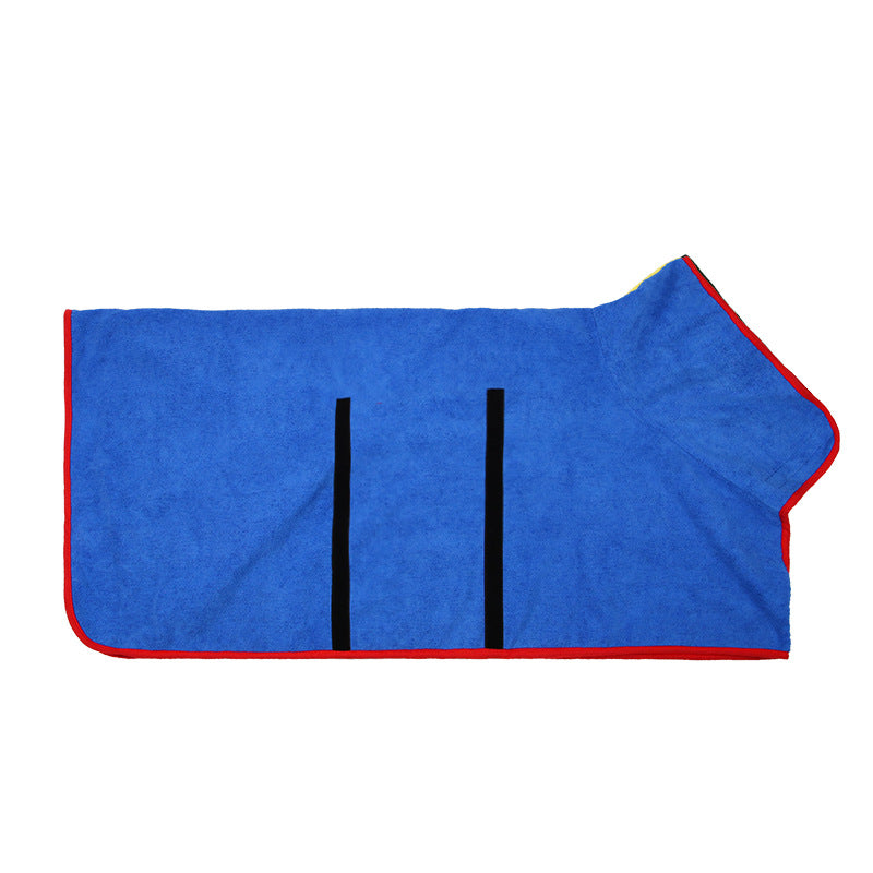 Blue microfiber pet bathrobe drying coat with red trim and central hook-and-loop tabs