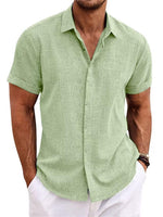 Light green men’s linen-style stand collar short sleeve t-shirt with button front