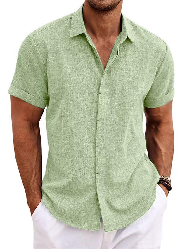 Light green men’s linen-style stand collar short sleeve t-shirt with button front