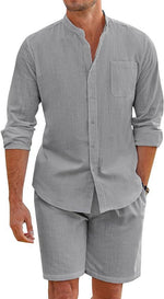 Long-sleeve button shirt and shorts set, light gray with chest pocket and button front