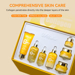 Collagen skincare set in yellow-trim gift box with serum bottles and cream tube
