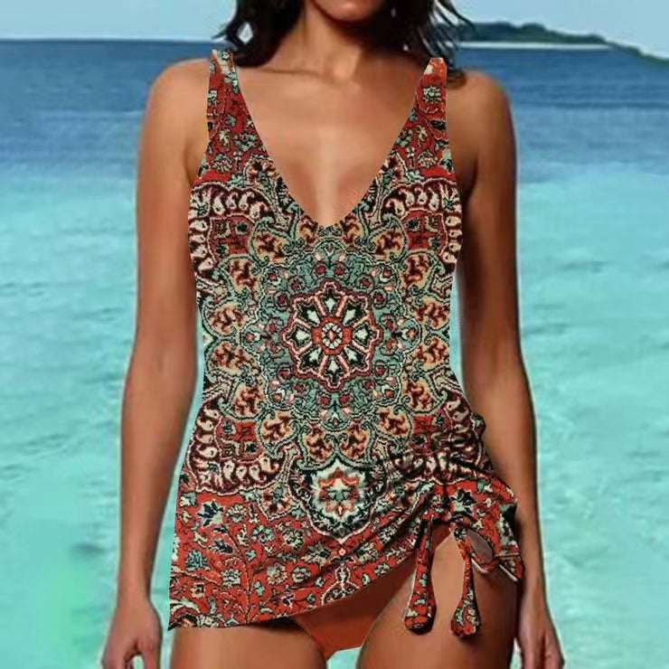 Women’s V-neck patterned halter bikini swimsuit with drawstring tie at hem
