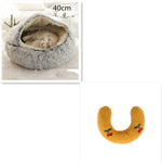 Round plush pet bed, light gray with hooded interior and mustard yellow U insert, 40cm