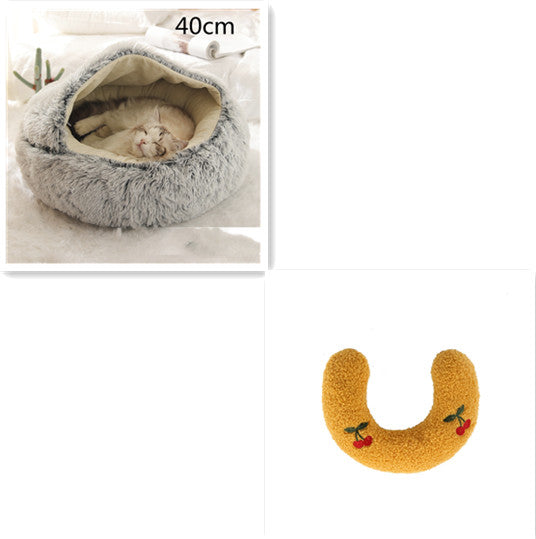 Round plush pet bed, light gray with hooded interior and mustard yellow U insert, 40cm