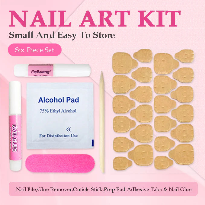 Nail art kit contents with glue, alcohol pad, cuticle stick, and nail file