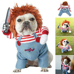 Dog Halloween costume: orange wig, striped sleeves, light-blue overalls with Good Dogs patch