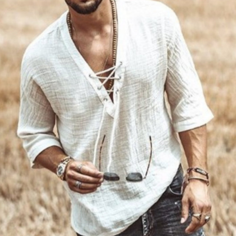 Men's short-sleeve button-up shirt, light textured fabric with lace-up front