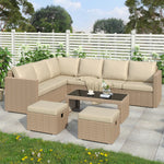 Garden Corner Sofa Set Rattan Sofa Outdoor Furniture With Coffee Table 2 Stools,Khaki