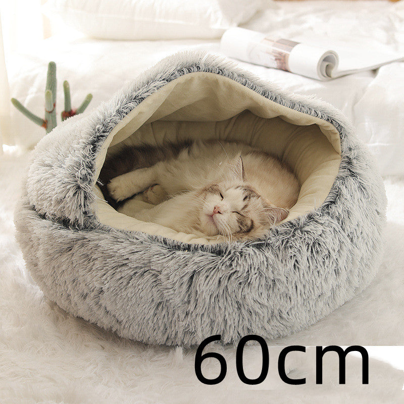 Plush round pet bed with gray fluffy cover, 60cm