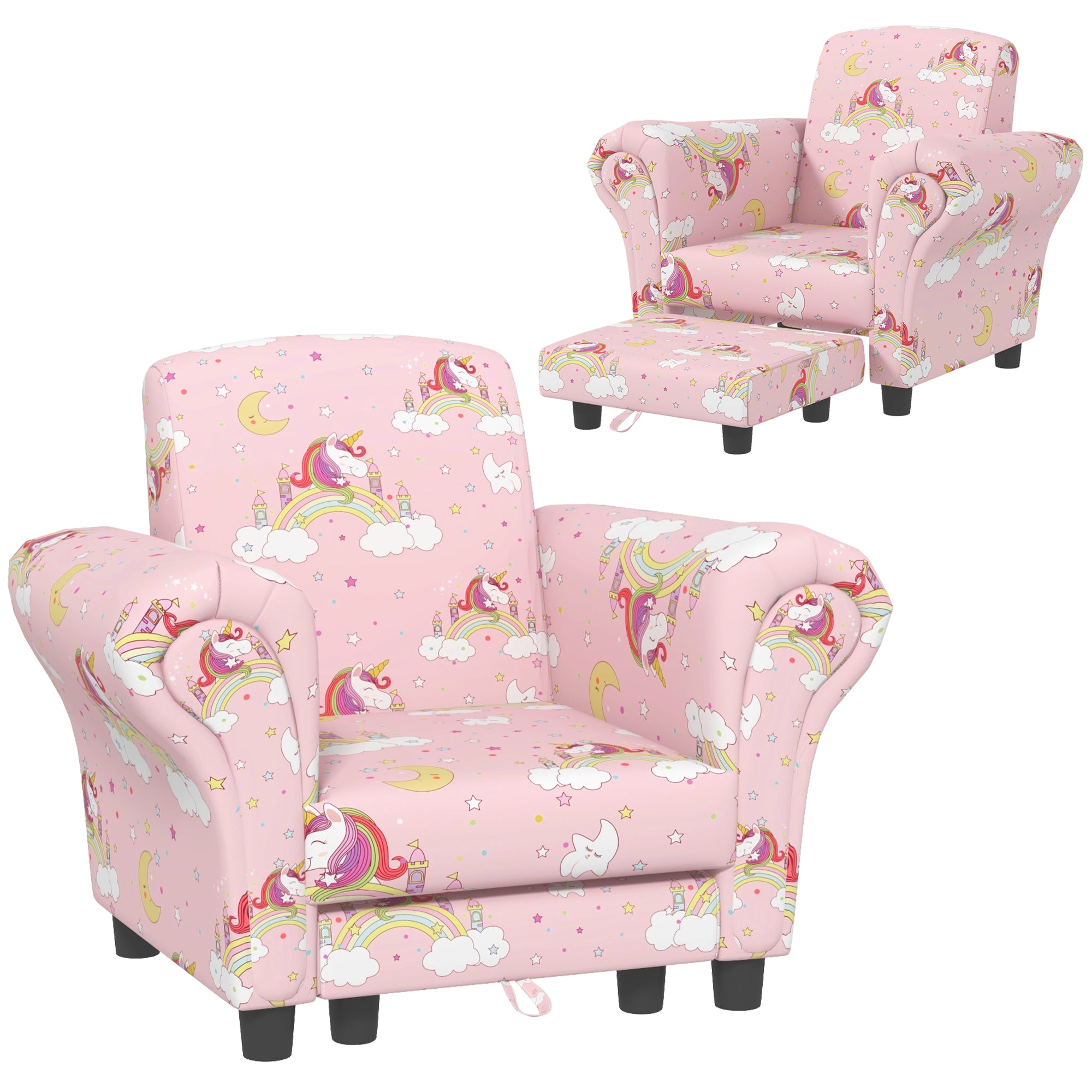 Juego de sofá de 2 piezas para niños con diseño de unicornio, estructura de madera, para edades de 1.5 a 3 años, rosa