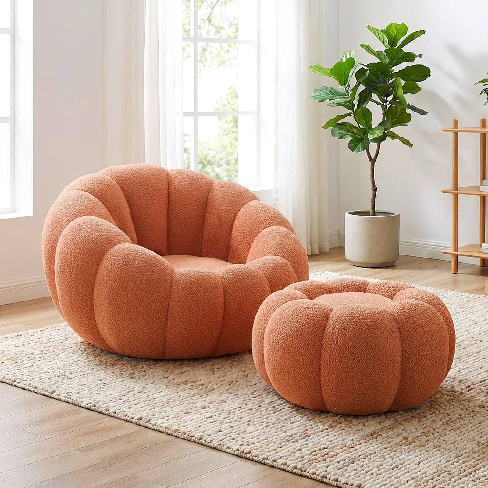 Sillón individual con forma de calabaza, redondo, moderno, para lectura y relax, con otomana, color marrón