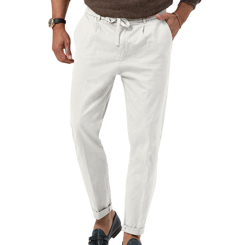 Men's drawstring straight pants in white, high waist and ankle cuffs
