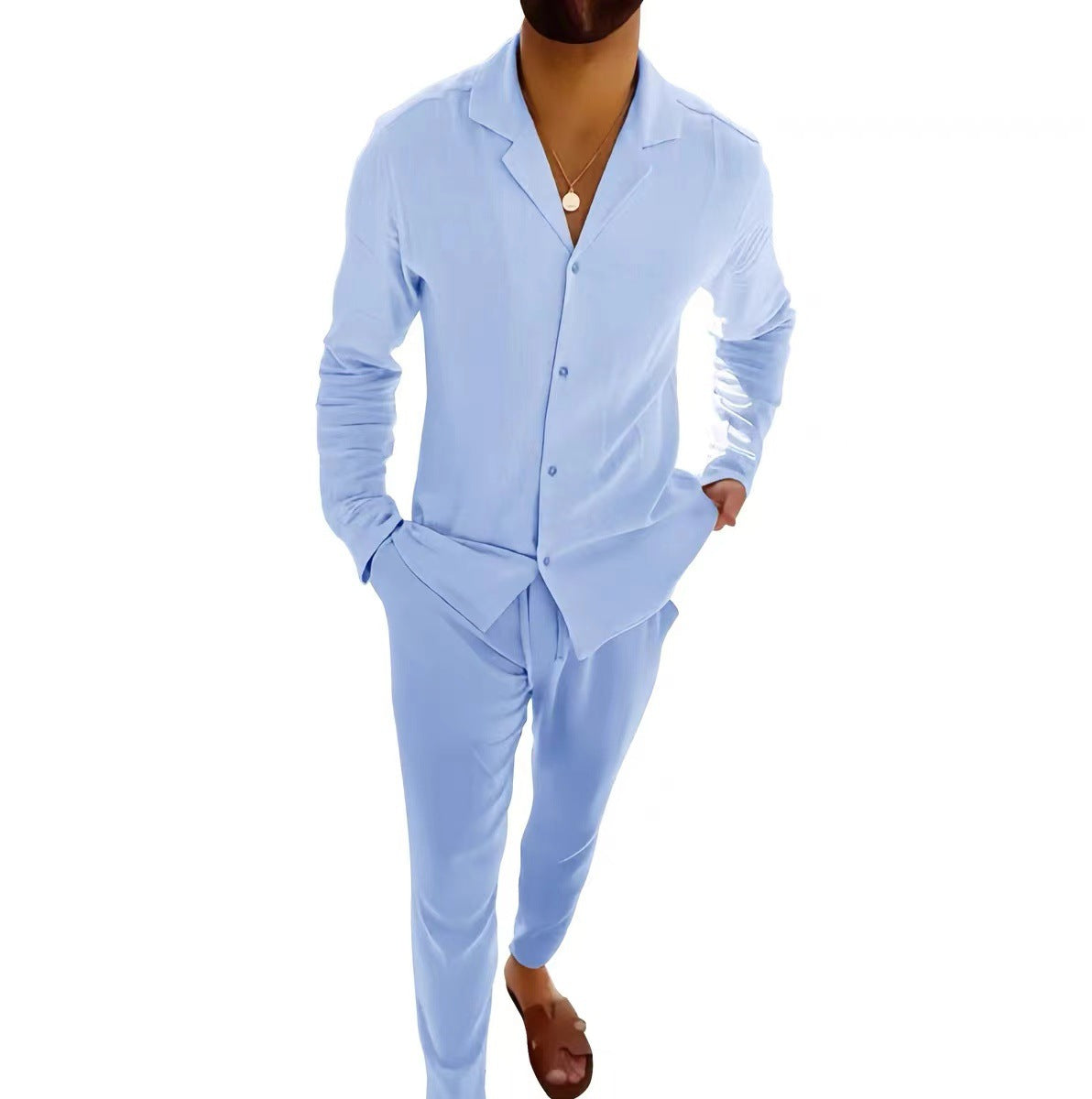 Light blue lapel long-sleeve shirt and slim trousers set for men