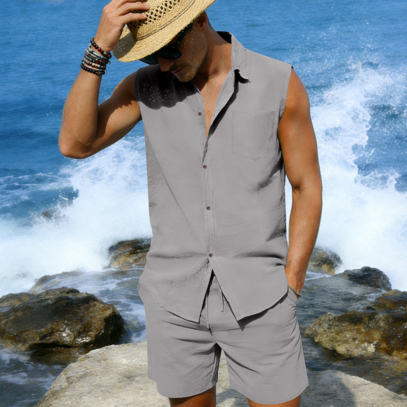 Linen sleeveless shirt & shorts set in light gray, button front, chest pocket