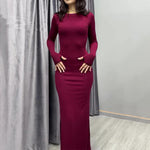 Long-sleeve fitted maxi dress, solid burgundy, crew neck, straight long silhouette